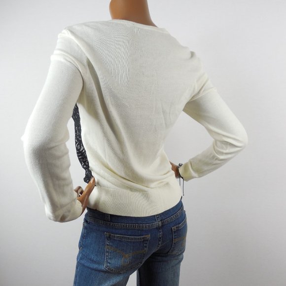 ANN TAYLOR Top M Knit Cardigan Button Down Front Ivory Black Embroidery Lace - Picture 9 of 12